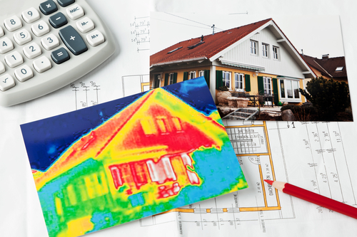 Save energy by insulating. house with a thermal imaging camera photographed.